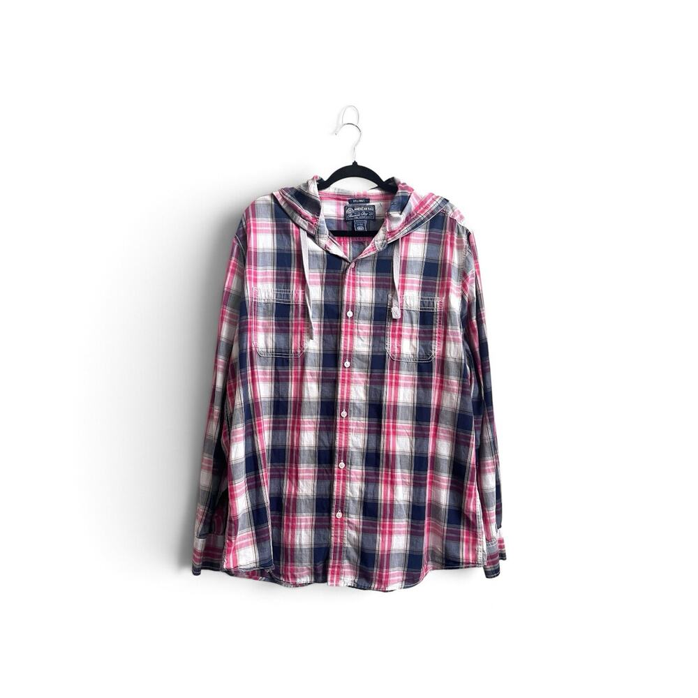 American Rag Mens Hooded Plaid Long Sleeve Bottom Up Shirt Grunge Size 2XL Icon